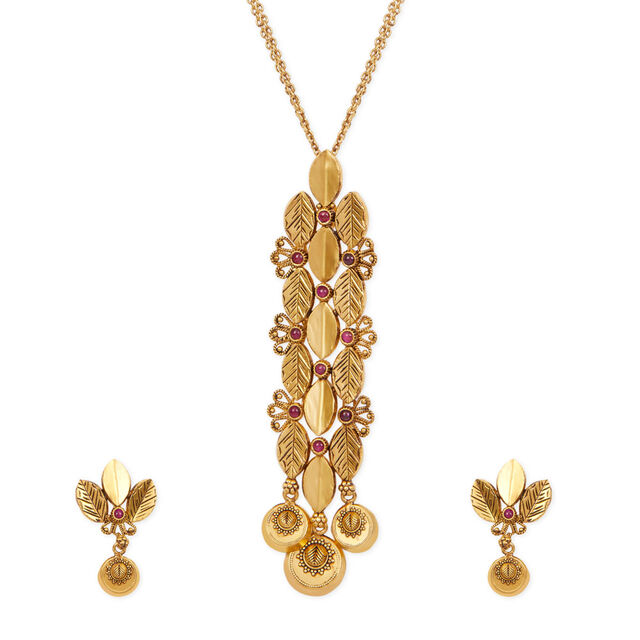Tanishq 22KT Gold Pendant with Chain and Earrings Set 