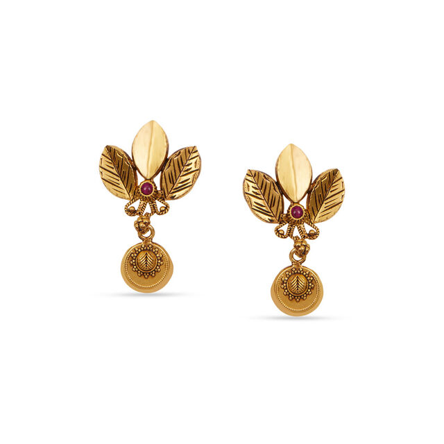 Tanishq 22KT Gold Pendant with Chain and Earrings Set 3