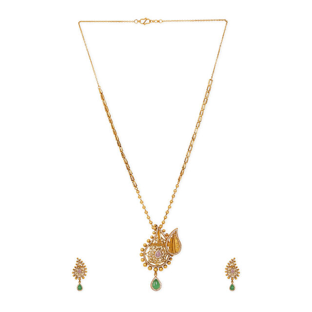 Tanishq 22KT Gold Pendant with Chain and Earrings Set 2