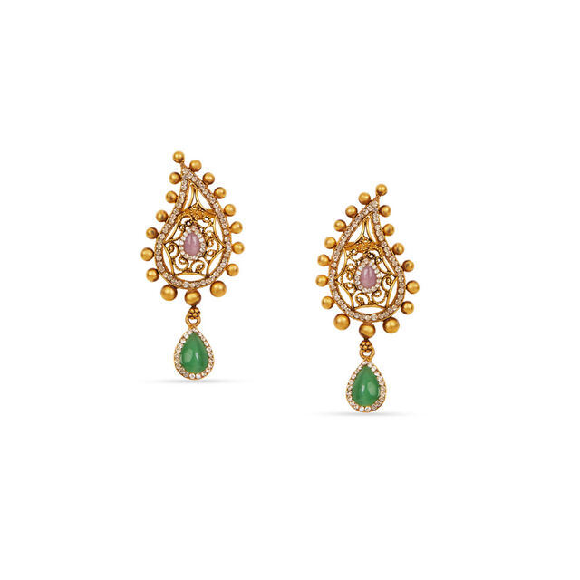 Tanishq 22KT Gold Pendant with Chain and Earrings Set 3
