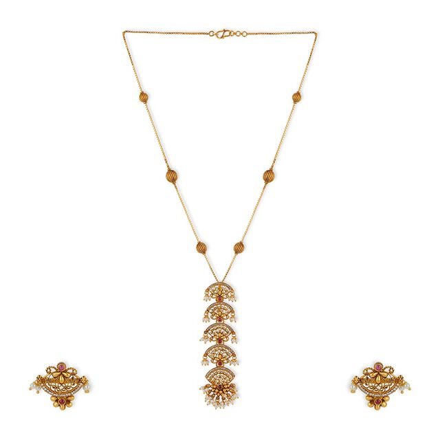 Tanishq 22KT Gold Pendant with Chain and Earrings Set 