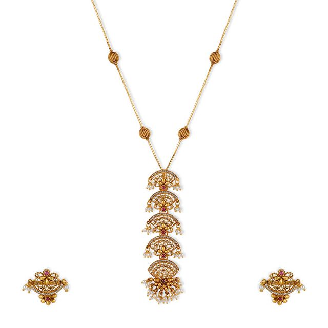 Tanishq 22KT Gold Pendant with Chain and Earrings Set 2