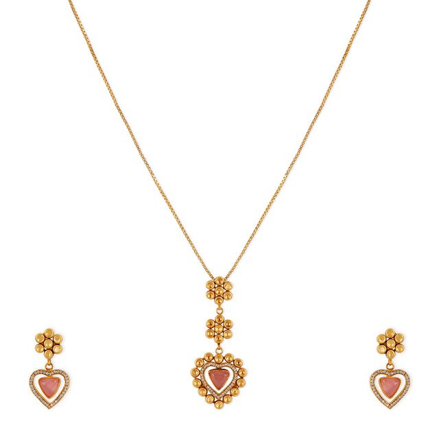 Tanishq 22KT Gold Pendant with Chain and Earrings Set 2