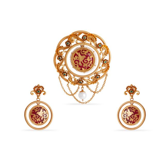 Tanishq 22KT Gold Pendant and Earrings Set 