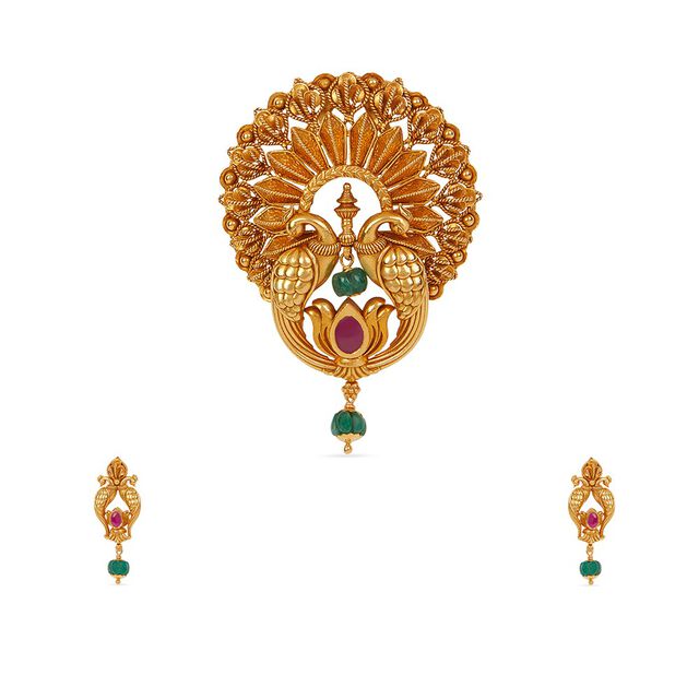 Tanishq 22KT Gold Pendant and Earrings Set 