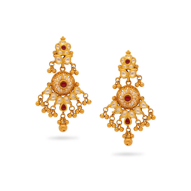 Kundan Rawa Work Gold Drop Earrings,,hi-res