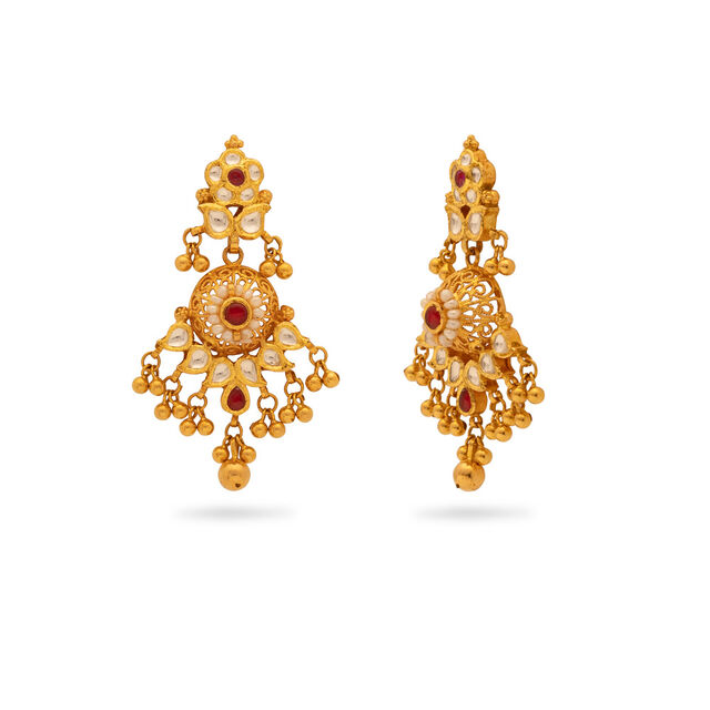 Kundan Rawa Work Gold Drop Earrings,,hi-res