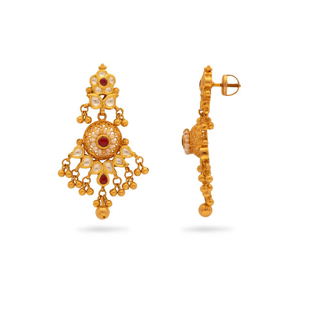 Kundan Rawa Work Gold Drop Earrings,,hi-res