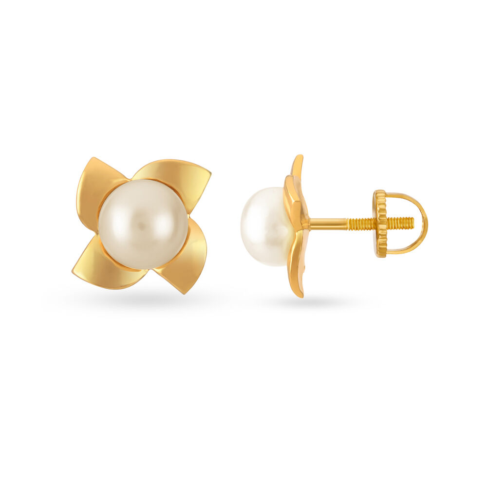 Buy Classy 18 Karat Yellow Gold And Pearl Swirling Petals Stud