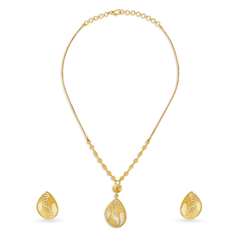 Buy Glimmering Yellow Gold Teardrop Necklace and Earrings Set at Best Price Tanishq UAE